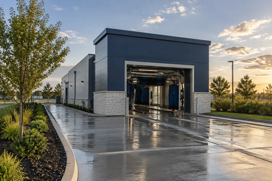 AI illustration of a modern express tunnel car wash in a Midwestern setting