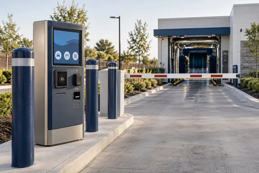 Illustrative wash-entry payment kiosk